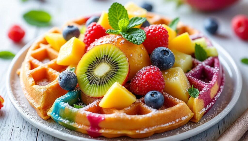 découvrez notre gaufre arc en ciel garnie de fruits exotiques frais et vitaminés pour une explosion de saveurs colorées et saines à chaque bouchée.