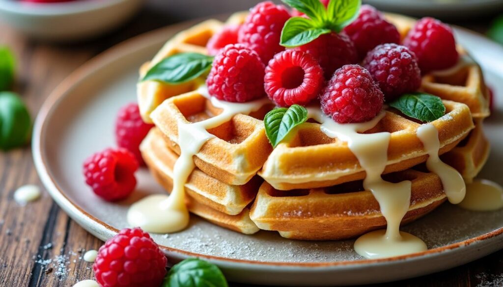 découvrez une recette facile et gourmande de gaufres au chocolat blanc, framboises fraîches et basilic aromatique, parfaite pour un dessert original et savoureux.