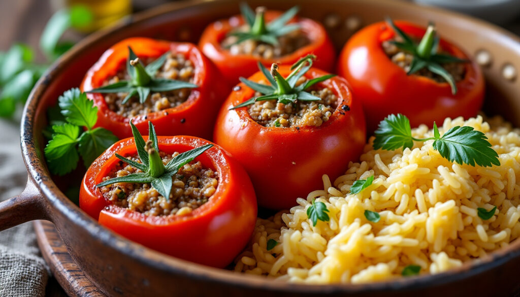 découvrez une recette simple et savoureuse de tomates farcies accompagnées de riz au four, idéale pour un repas convivial et gourmand.